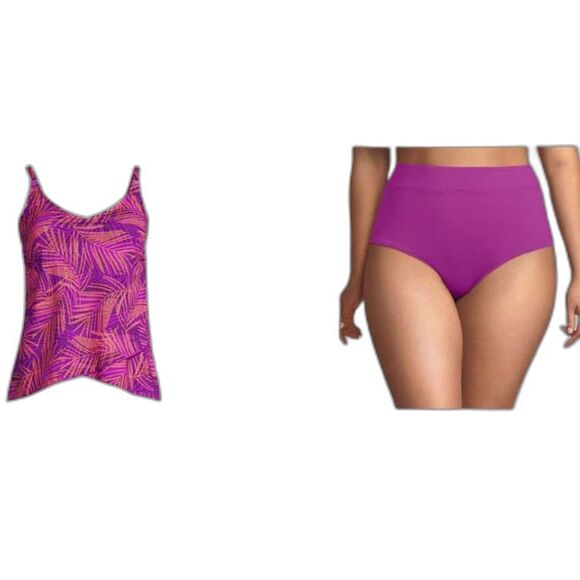 NWT $140 Lands End swimsuit 2x Tankini Violet Rose Stipple Palm tulip 18w bottom - Picture 1 of 4